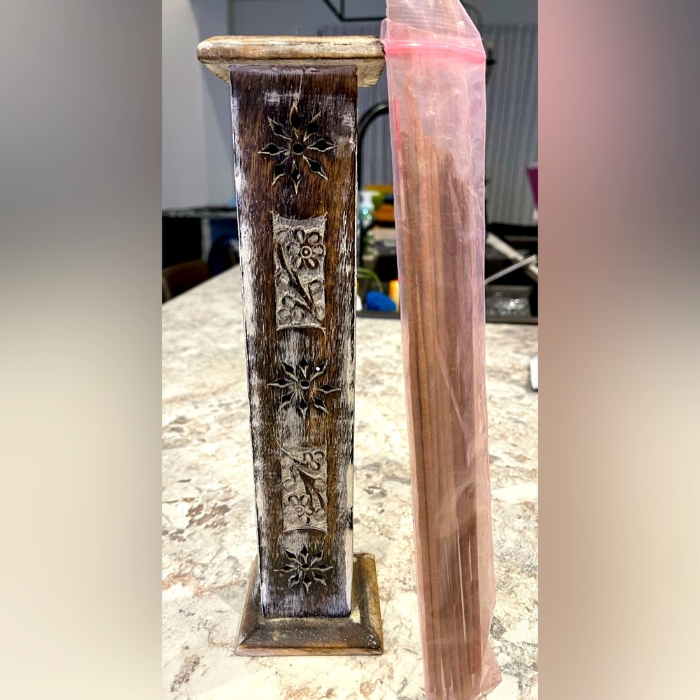 Like new Balinese wood incense burner and mixed pack of scented incense sticks